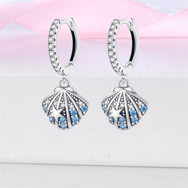 Luminous Shell Women Earrings Original 925 Sterling Silver Pave CZ Star Moon Hoop Earrings Engagement Wedding Jewelry