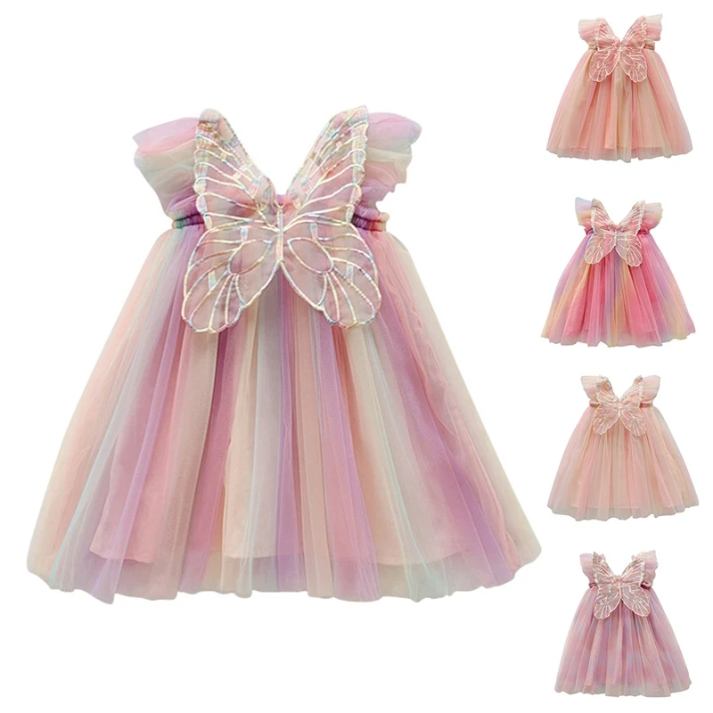 Girl's Dress Rainbow Wing Mesh Summer Fashion Flying Sleeves Princess Dress Fluffy Skirt