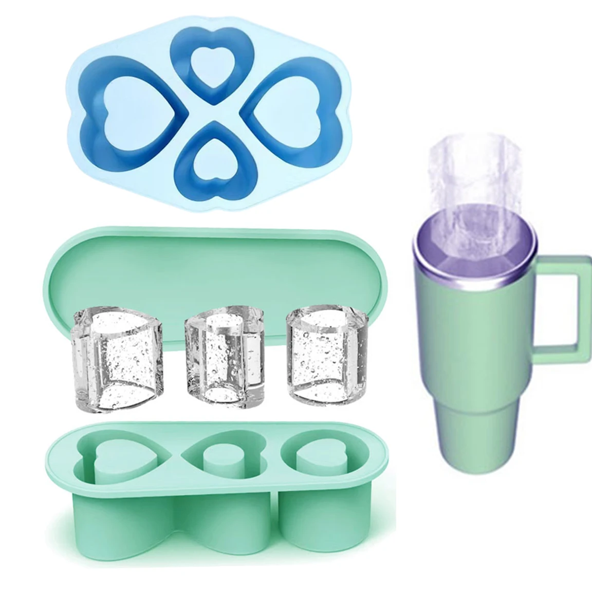 

Upgrades 3/4 Grid Reusable Heart Shape Ice Cube Tray Mold for Stanley 20/30/40oz Cup DIY Ice Drinks Coffee Make Silicone Molds
