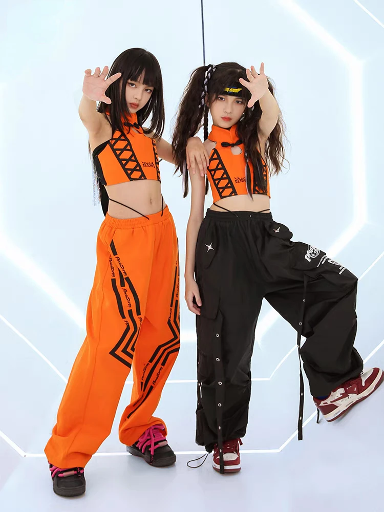 Nieuwe Tieners Kinderen Hiphopkleding Oranje Vest Broek Pak Meisjes Jazz Performance Kostuum Moderne Danskleding Jongens Podiumkleding