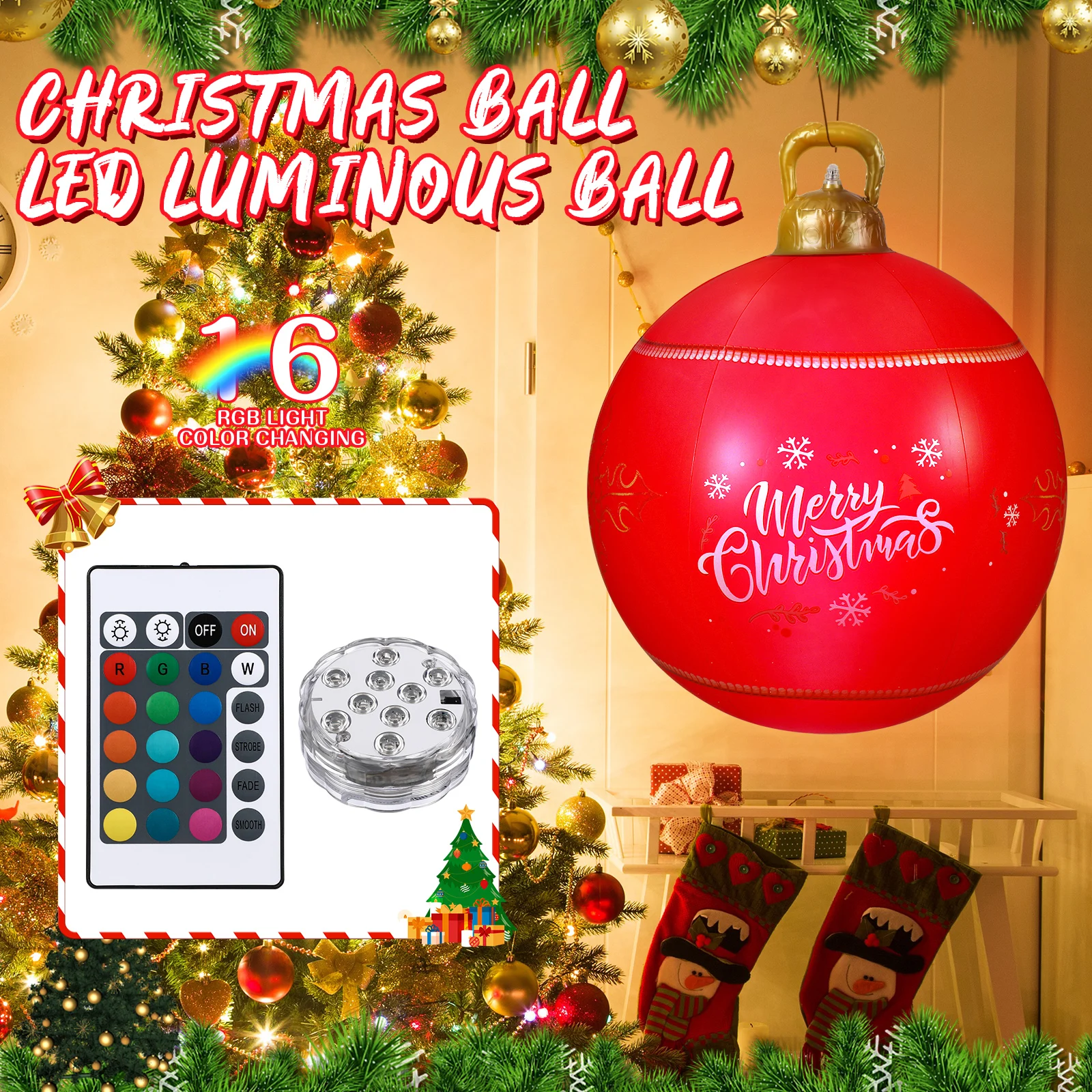 

PVC Inflatable Christmas Ball LED Light 16 Colors Remote Control Outdoor Decor Xmas Supplies Festive nament Holiday Ball