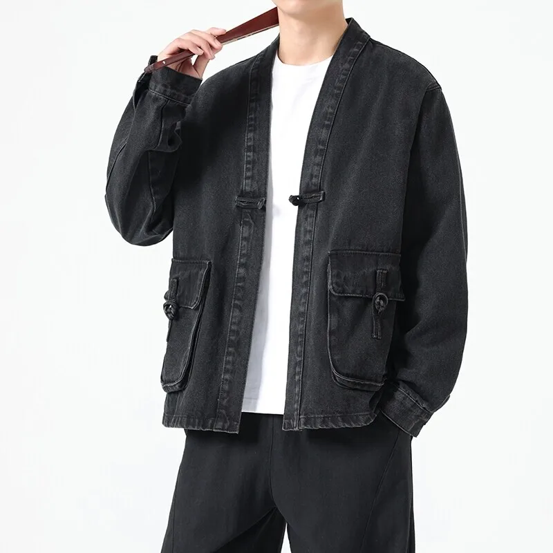 Fashion Men Denim Jacket Cotton Kimono Haori Japanese Pocket Cardigan Coat Vintage Traditional Jackets Men Hip Hop Loose Outwear