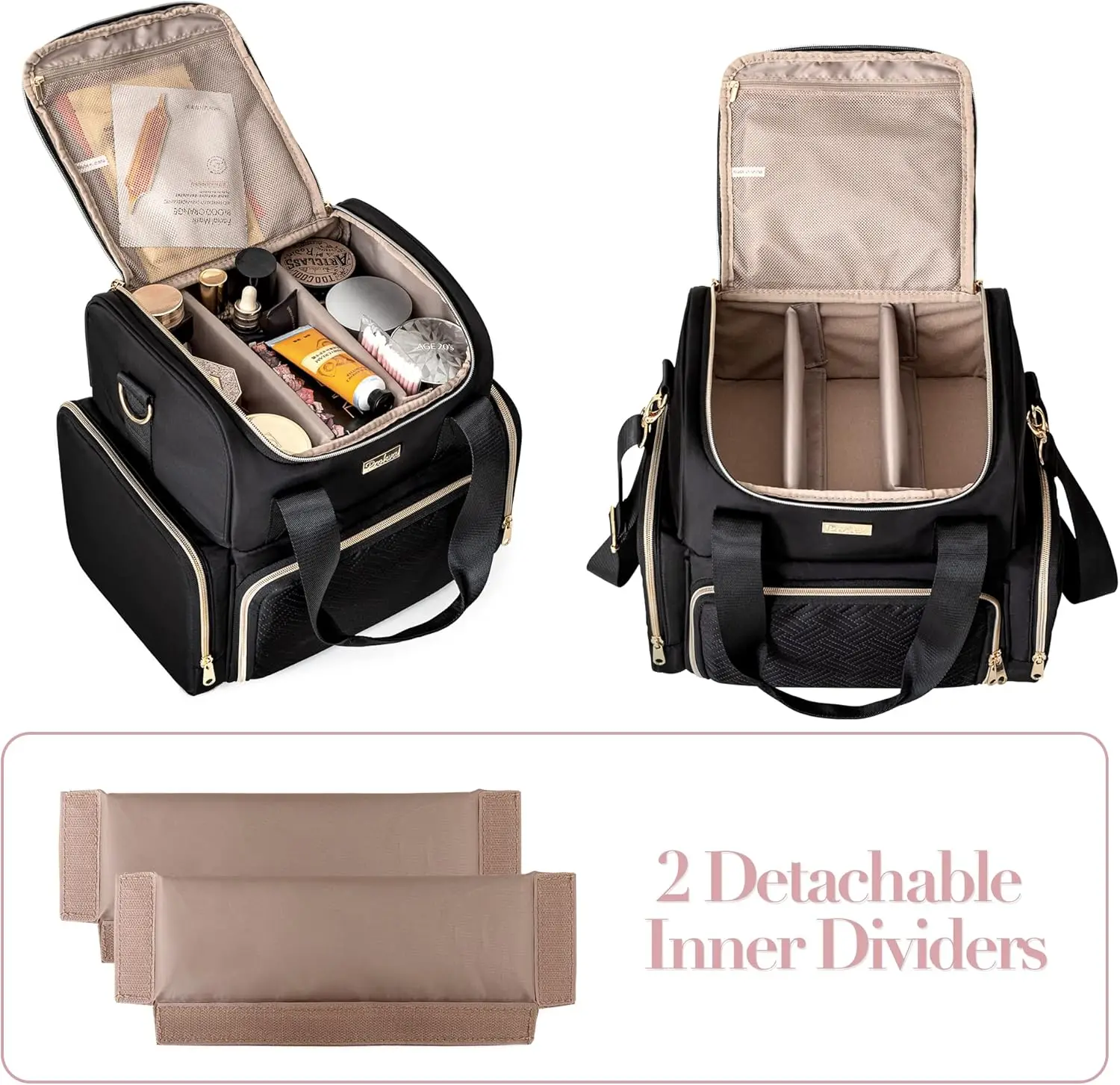 حقيبة مستحضرات تجميل كبيرة للسفر مع 3 حافظات قابلة للإزالة ومنظم بطبقة مزدوجة وتخزين الفرشاة باللون الأسود