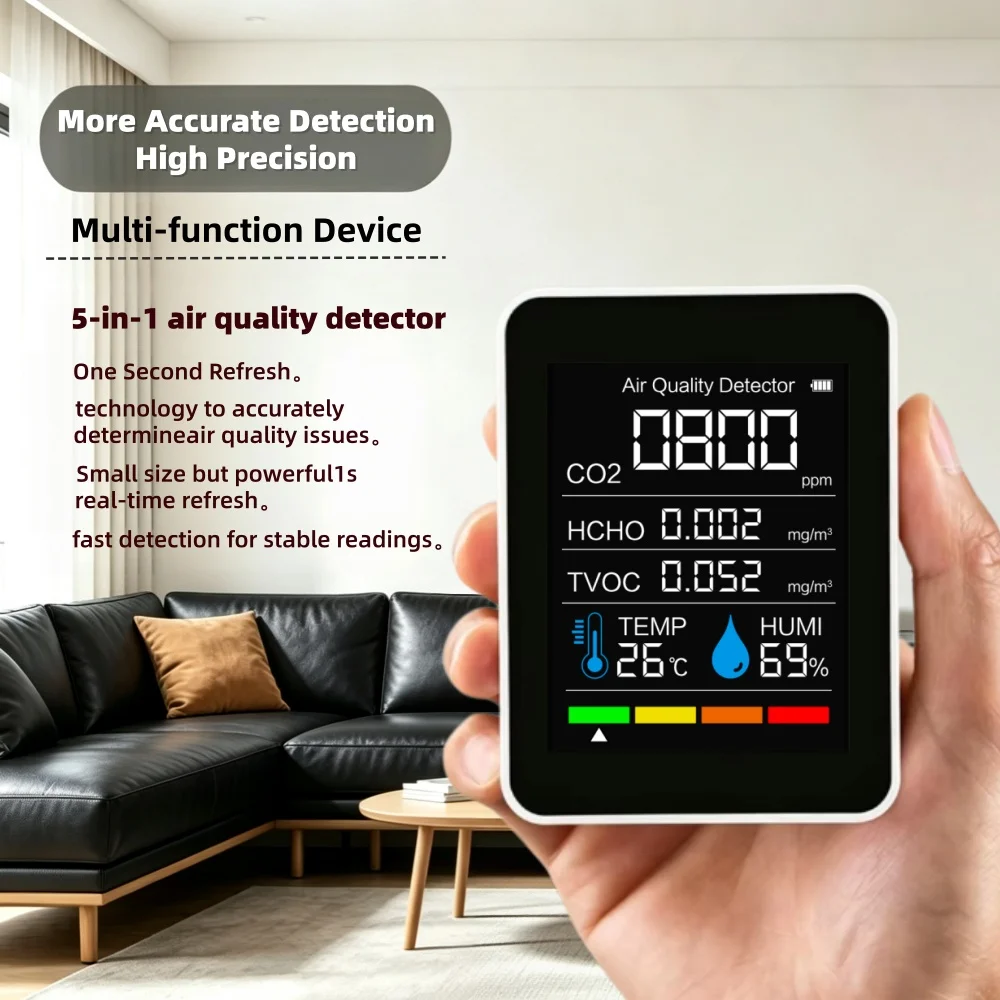 5-in-1 Air Quality Monitor CO2 Meter Digital Carbon Dioxide TVOC、 HCHO Detector Temperature Humidity Tester view 6
