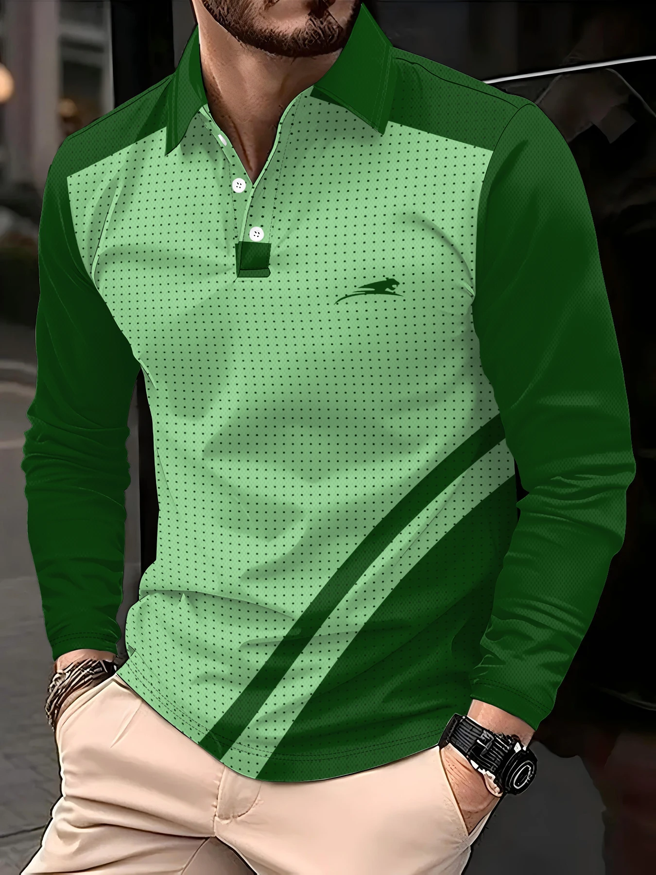 New winter and autumn men's long-sleeved Polo shirts with 3D polka dot print trendy street style casual and comfortable