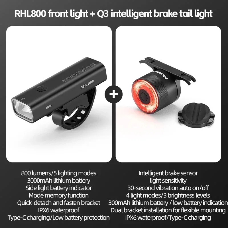 ROCKBROS Bike Light Waterproof Type-C Rechargeable Bicycle Headlight 200M Range Flashlight With Tail light Cycling Accessory image 3