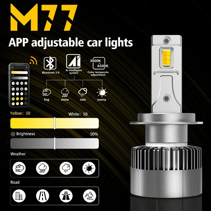 

2PCS Canbus App Dimming Control H3 H4 H7 H11 LED Car Headlight Bulbs Mini Turbo Car Lights Color Temperature 3000K~6500K 12V-24V