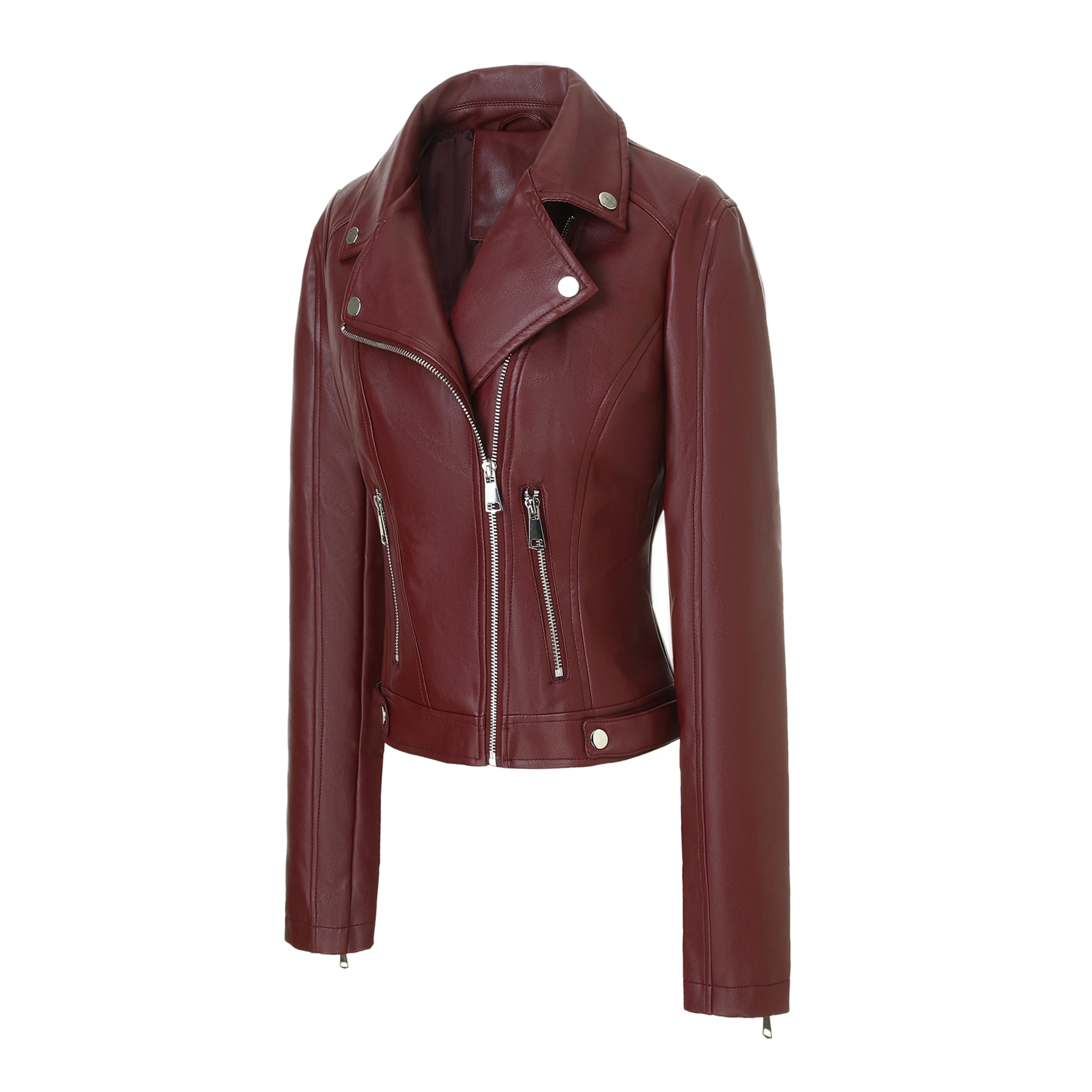 ​   Veste de moto en Pu dos cousu pour femme - Triple fermeture éclair sur le devant + clous argentés |     Coupe ajustée |     Pas de capuche |     Noir/Blanc |     3 saisons ⚡