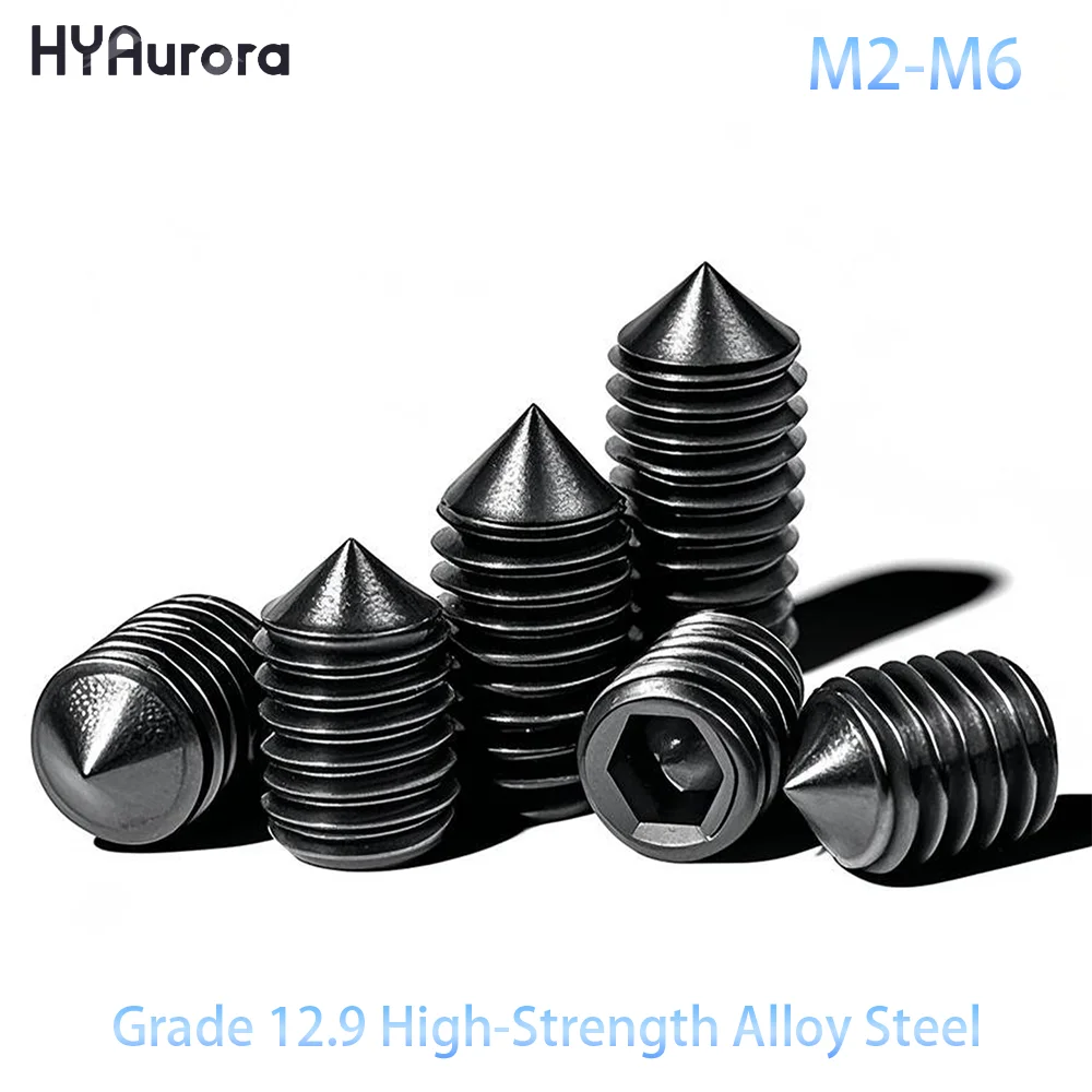 Vis de réglage en oxyde noir en acier allié 12.9, M2 M2.5 M3 M4 M5 M6, pointe conique, douille hexagonale DIN 916 pour machines CNC automobiles