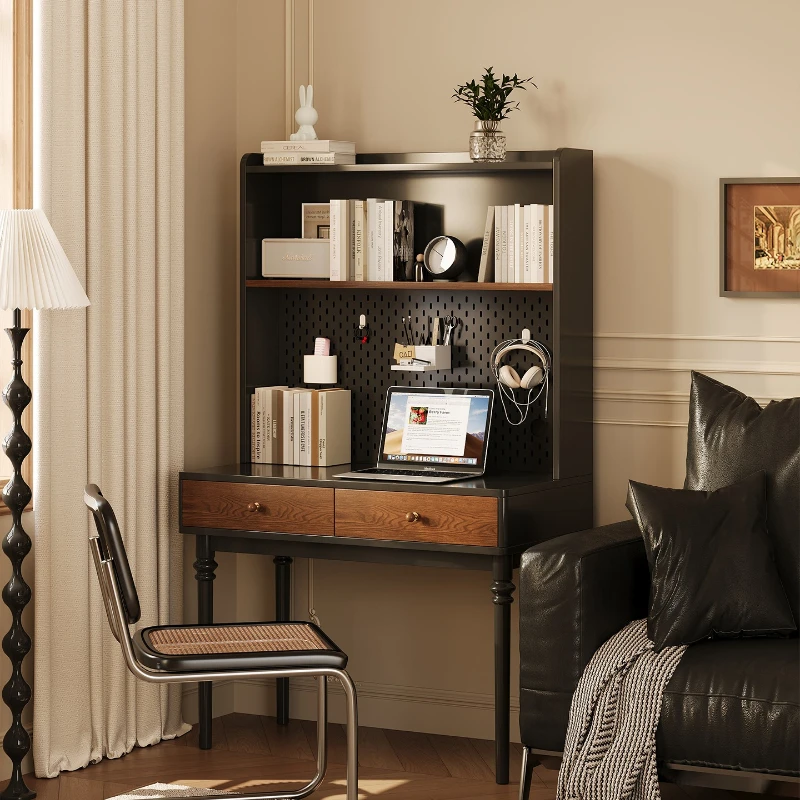 

Medieval style small computer desk study solid wood desk bookshelf writing table integrated desk home storage table