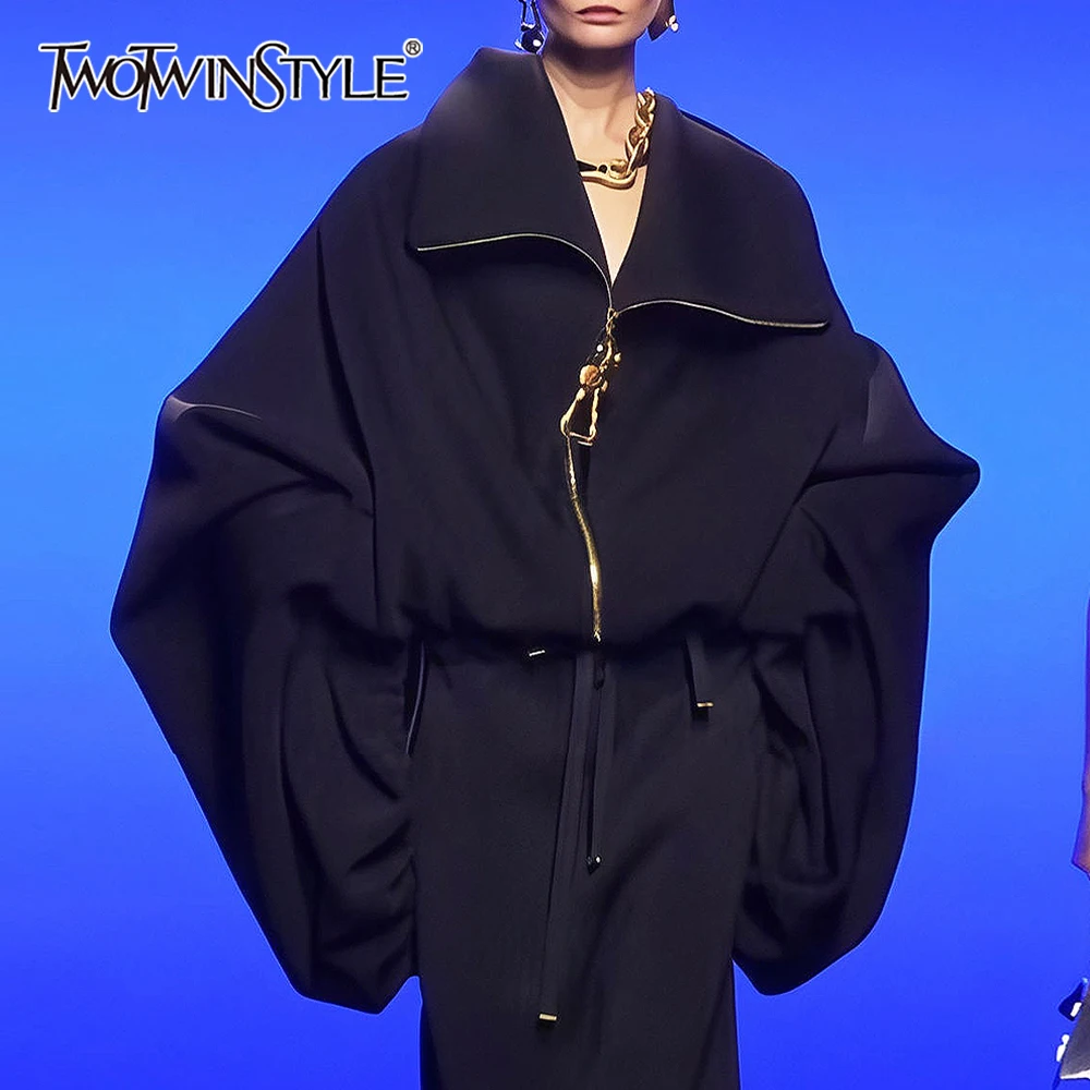 

TWOTWINSTYLE черная базовая куртка на молнии с лацканами и длинными рукавами, свободный дизайн, женские куртки, летняя модная новая одежда
