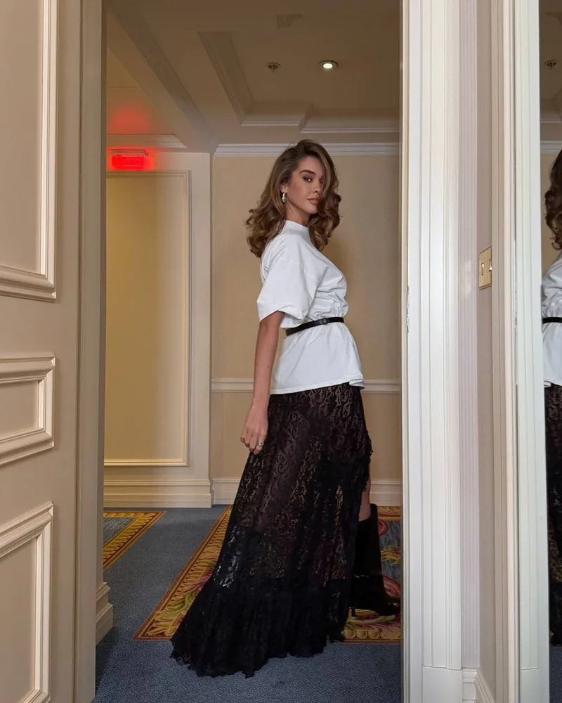 Women's Elegant Asymmetrical Lace Long Skirt with Floral Ruffles Transparent Summer 2025 Stylish Outfit for Holiday with Slit