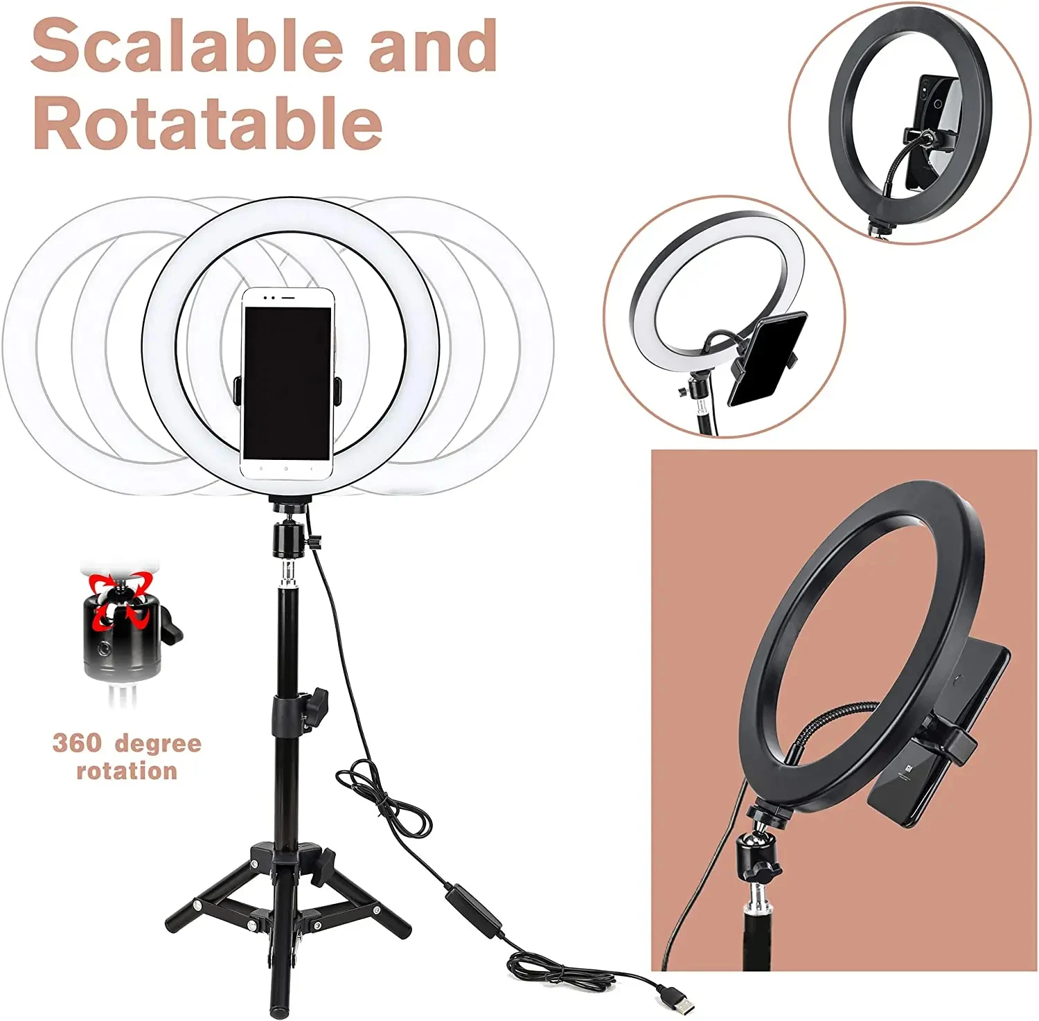 Dimmable LED Ring Light para Fotografia, Iluminação de Vídeo, Phone Stand, Tripé Fill, Lâmpada para Streaming Trepied, 18in, 22in