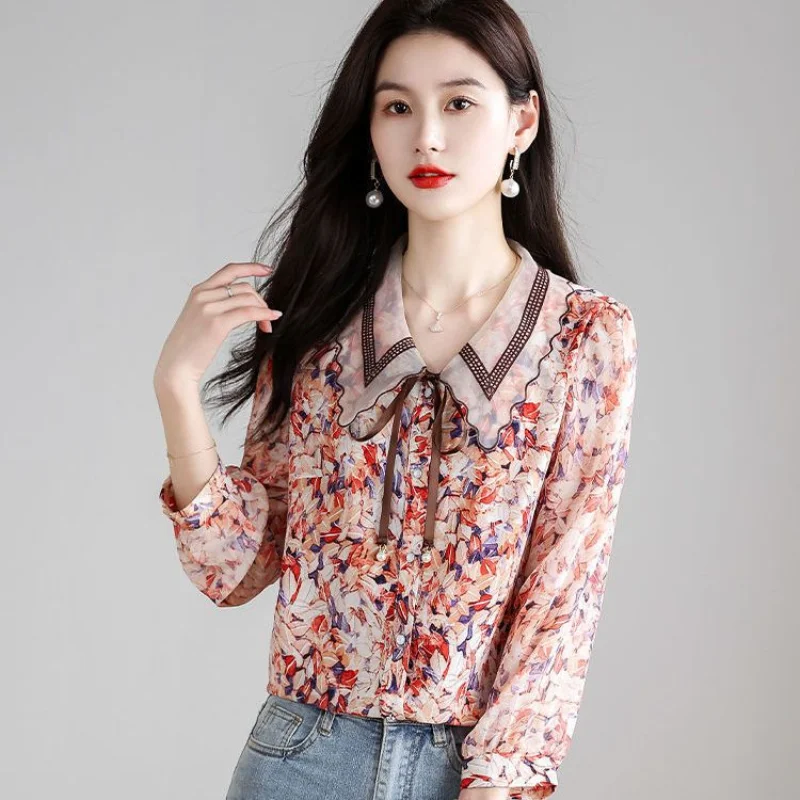 Floral Chiffon Button Blouse Summer New 3/4 Sleeve Lacing Loose Print Office All-match Shirt Tops Elegant Fashion Women Clothing