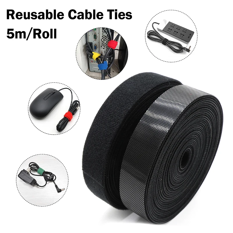 5 Meter/Rolle wiederverwendbare Kabelbinder, schwarz, 10/15/20/25 mm Breite, doppelseitige Klettverschlussbänder, Kabel- und Drahtmanagementband – Detail 1