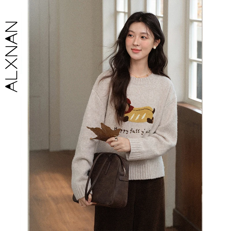 

ALXNAN Oatmeal Sweaters Oversized Round-neck Lettering Long-Sleeve Knitted Sweaters Loose Casual Soft Versatile Pullovers L58106