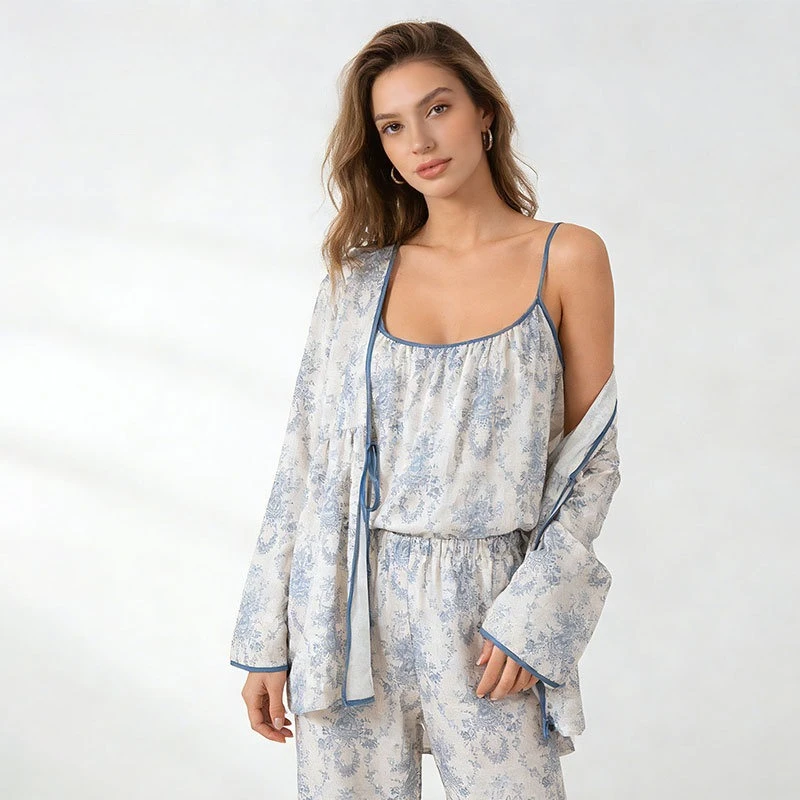 

Women's 3 Piece 100% Cotton Gauze Pajama Set Elegant Floral Print Camisole Robe & Pants Thin Contrast Piping Loungewear