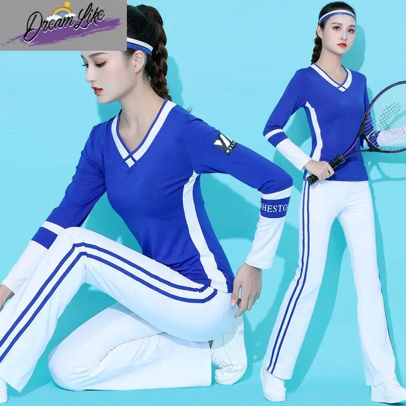 

New Square Dance Sportswear Set Women's ort Sve Fitn Gym Dance Yoga Clothes Cotton Blend Stage Ethnic Faion