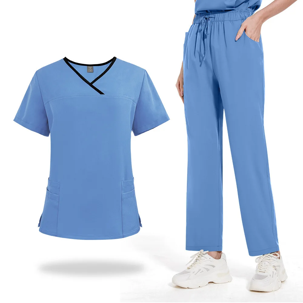 Farbblock-gewaschenes Hemd, locker, bequem, medizinisch, gerade, Laborkittel, kurze Ärmel, lange Hosen, zweiteiliges Set, Unisex-Krankenschwesteruniform