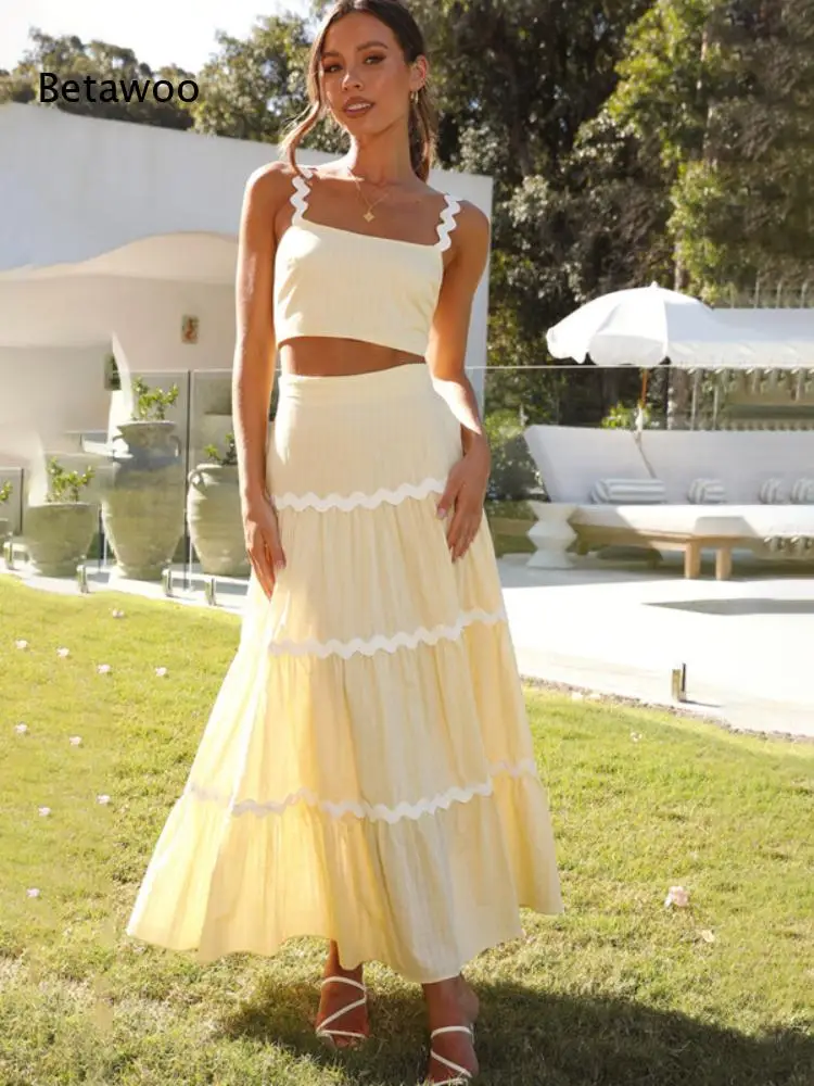 Women Two Piece Outfit Slash Neck Sleeveless Crop Top High Waist Maxi Skirt Textured Fabric Matching Set for Summer