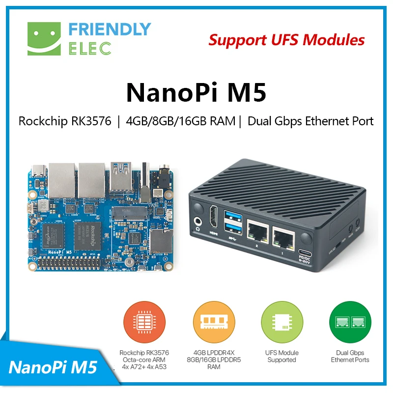 

NanoPi M5 Open-sourced Mini Single Board Computer Rockchip RK3576 SoC Dual Gbps Ethernet Port Supports UFS Modules M.2 SDIO WiFi