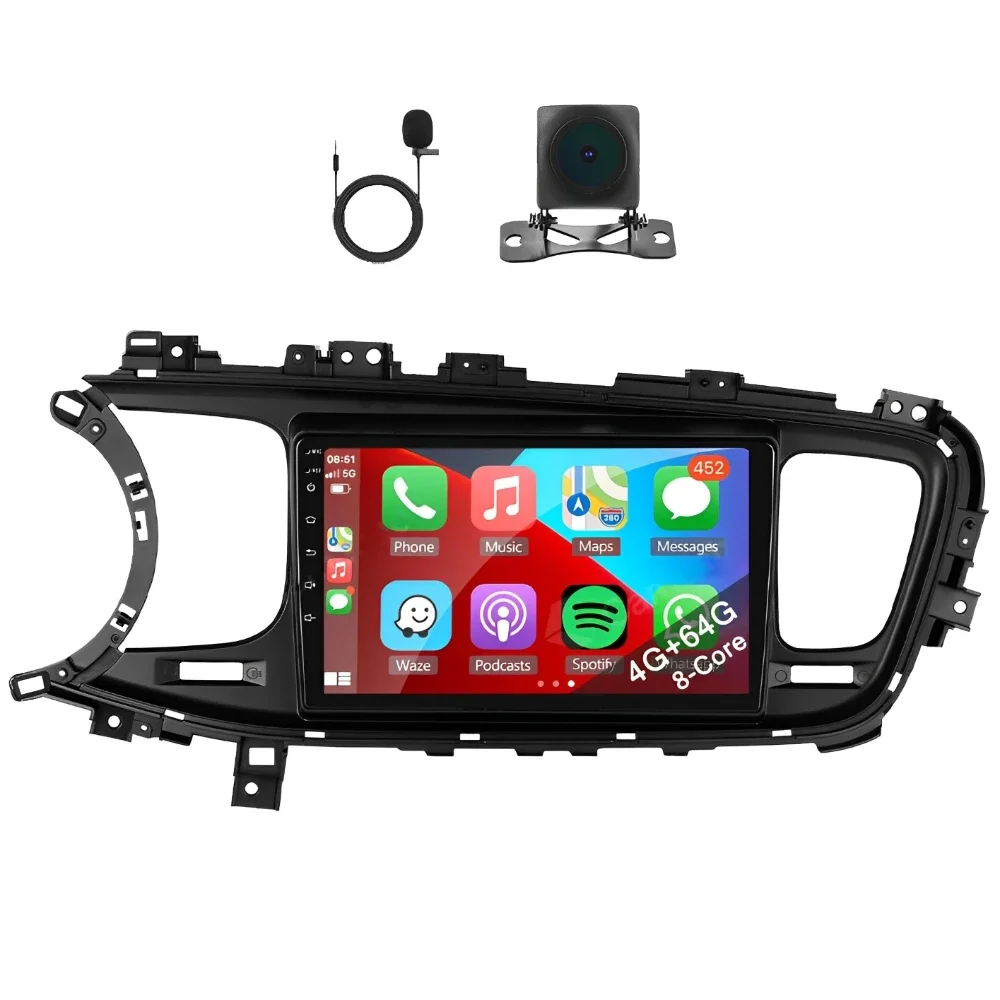 كاميرا CarPlay مدمجة مقاس 9 بوصات + Android Auto /2+64G+AHD + ميكروفون لـ 2011-2015 Kia K5 (إطار جديد) Android 15 ملاحة السيارة