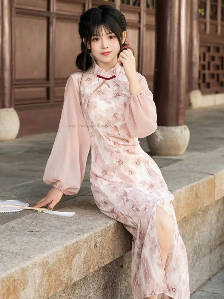 

Chinese Style Hanfu Cheongsam Dress Women A Line Qipao Girl Graceful Style Casual Daily Lady Improved Chiffon Cheongsam Dress