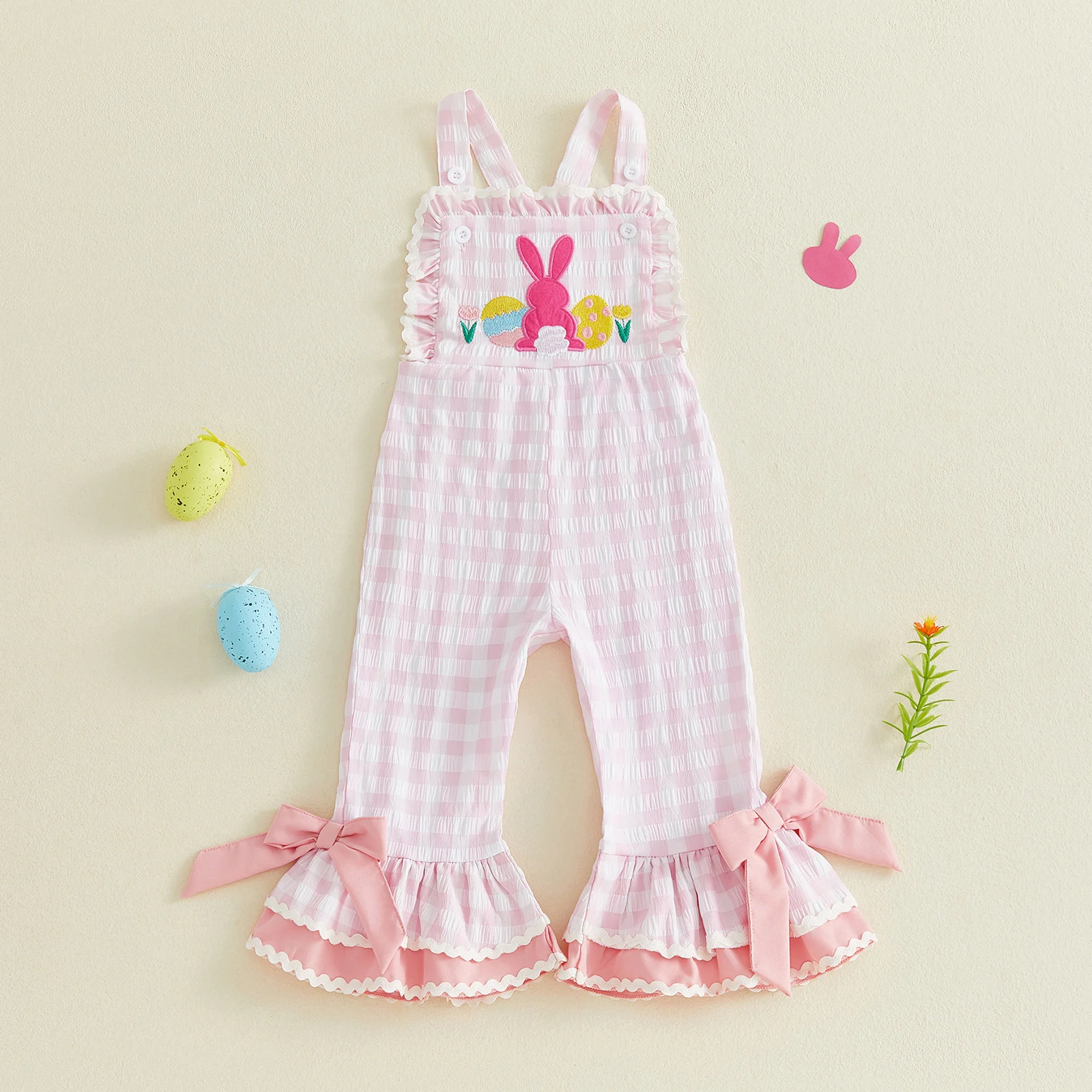 女の子用イースタープレイドオーバーオールジャンプスーツノース - Embroidery Egg のレビューと価格