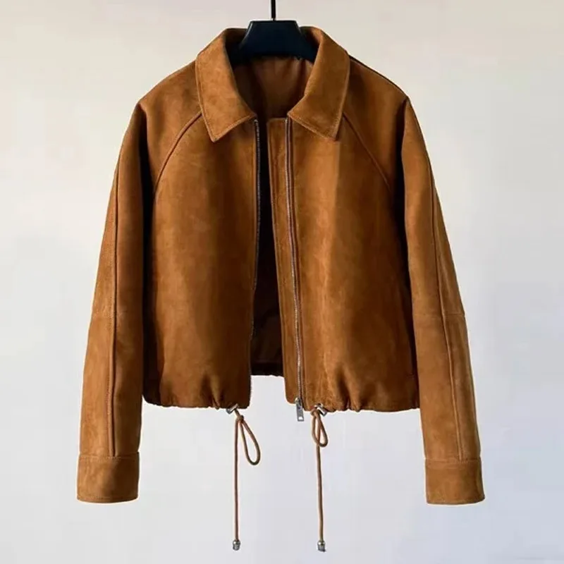 Veste marron en cuir rétro pour femmes, manteau court tendance en daim avec cordon de serrage, Silhouette, Streetwear, Chill Casaco Femini