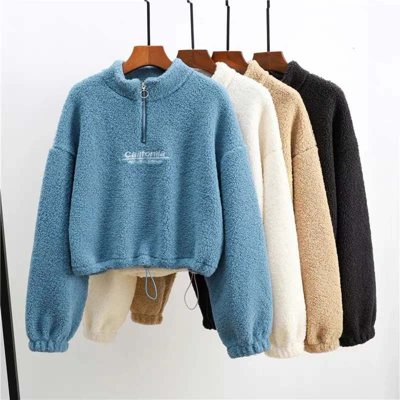 Women Letter Embroidery Stand Neck Fleece Cropped Hoodies Autumn Long Sleeve Drawstring Sweatshirt New Casual Plush Velvet Tops