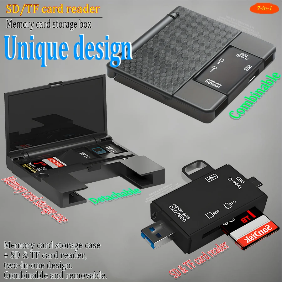 SD/TF card reader, memory card storage box/case, Lightning/Micro USB/USB-A/C to SD/TF adapter for laptop PC phone tablet drone