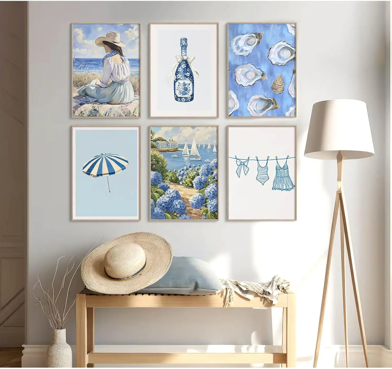 

6pcs Coastal Girl Cowboy Wall Art Beach Canvas Blue Floral Aesthetics College Style Top Hat Living Room Bedroom Home Decoration