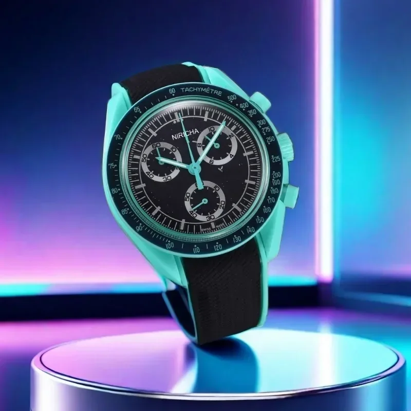 سواتش بلاك سنوبي ساعات ذات علامة تجارية فاخرة للرجال حافظة بلاستيكية فاخرة كرونوغراف ساعة قمر استكشاف كوكب AAA + ساعات