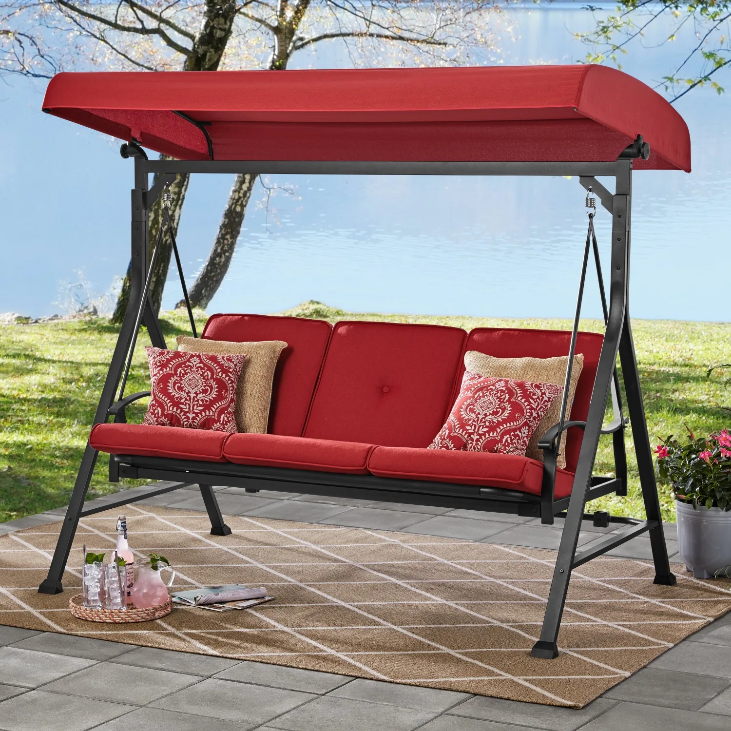 

Mainstays Belden Park 3 Person Convertible Daybed Outdoor Steel Porch Swing with Canopy - Red