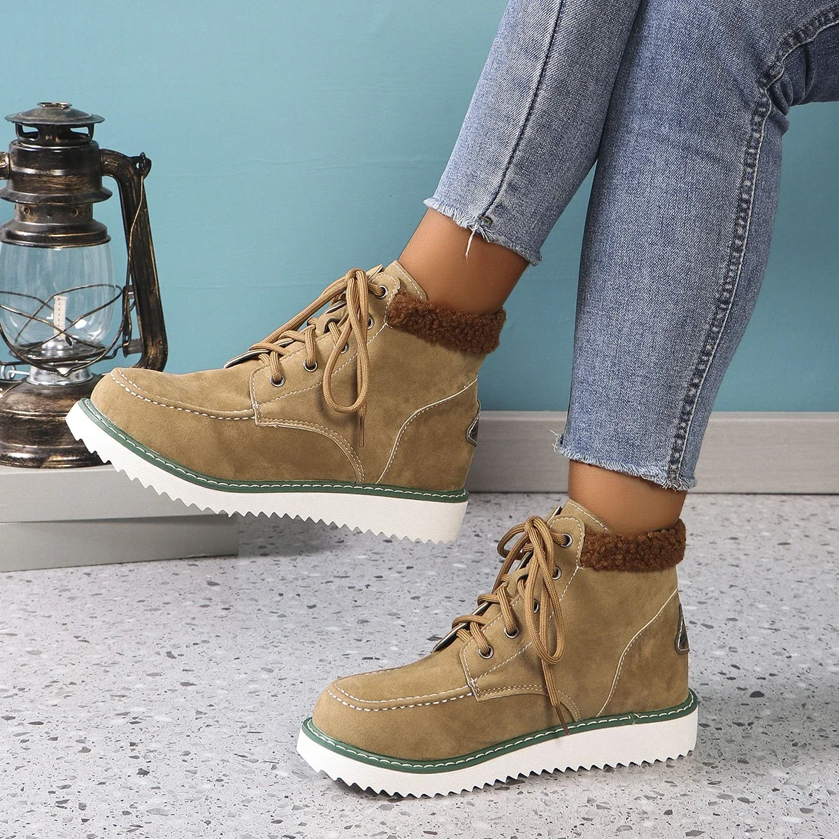 2024 Hot Sale Women Shoes Lace Up Women\'s Boots Winter Round Toe Solid Flock Warm Platform Water Proof Short Barrel Boots