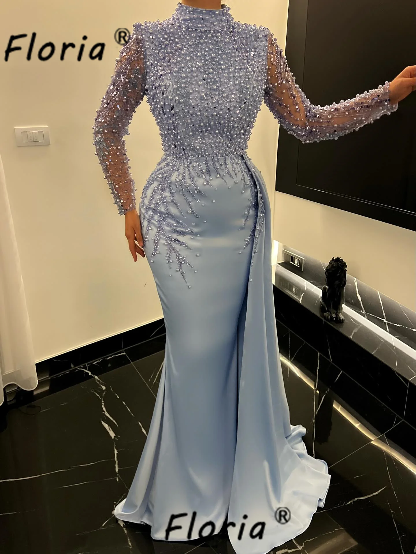 

Длинные синие жемчужные бусины Вечерние платья русалки Кристалл Вечернее платье Дубай Элегантное свадебное платье Индивидуальное ночное платье Формальный гала