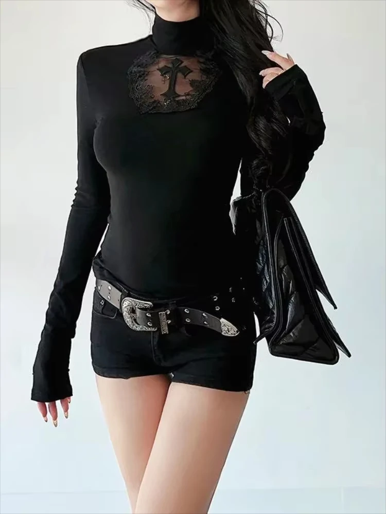 Turtleneck Top Y2k Clothes Black Gothic Cross Hollow Slimming Bottom TShirt Women Long Sleeve Sexy T-shirt Girls Tops Subculture