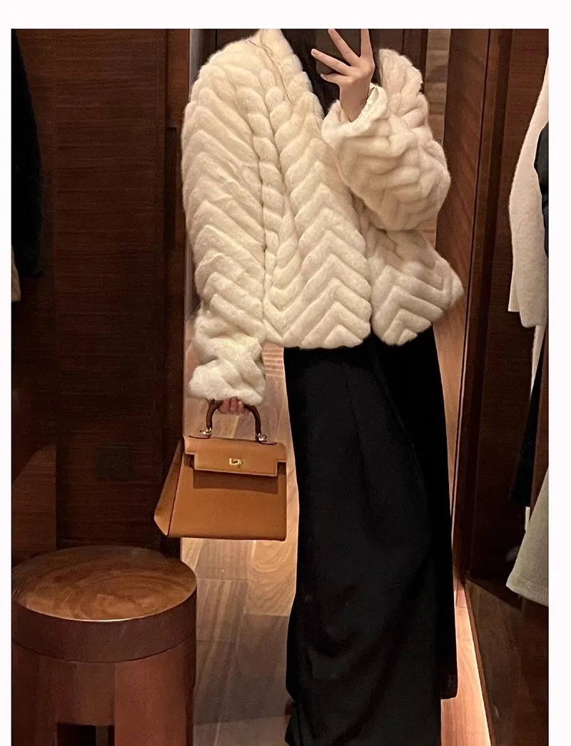 Elegant V Neck Herringbone Short Faux Mink Fur Jacket Women Long Sleeve Plush Jackets Woman Autumn Winter Fluffy Warm Outerwear
