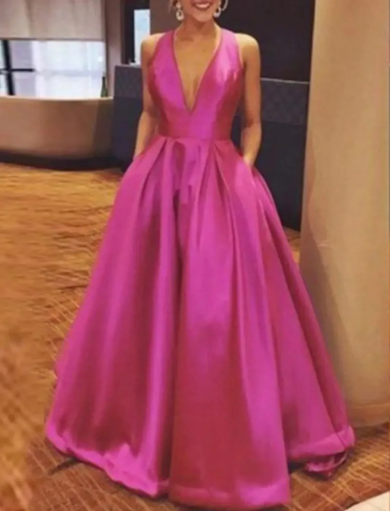 

Fuchsia A-Line Beautiful Back Prom Dresses V-Neck with Bow(s) Pleats Satin Evening Formal Party Gowns Robes De Soirée