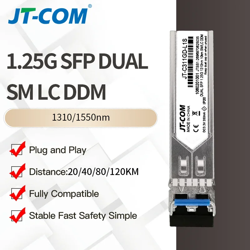 JT-COM Gigabit SFP Module,Single Mode Dual Fiber LC Transceiver, 10/20/40/80/120km, 1.25Gbps for TP-Link/Mikrotik/Cisco.. Switch