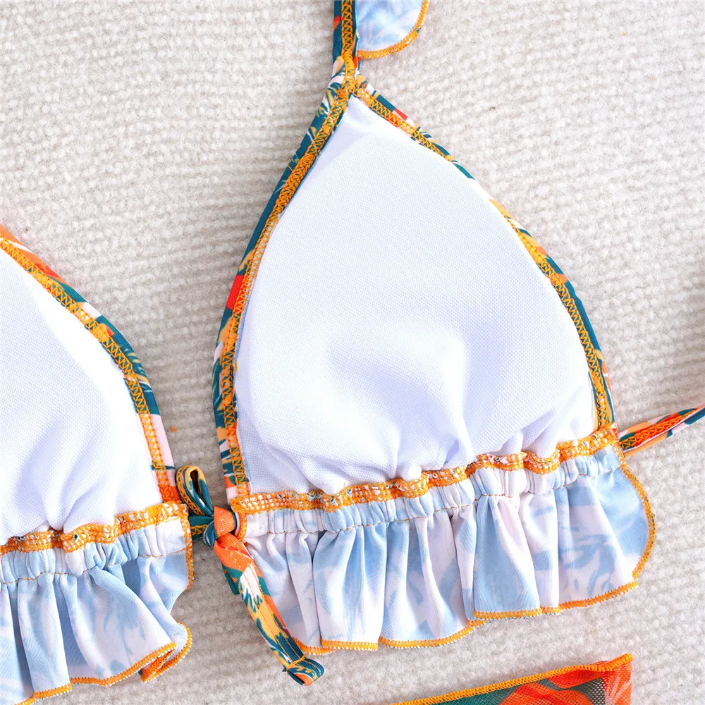 リーフプリント フリル付き ホルターネック 水着 3点セット ビキニ メッシュカバーアップ セクシー水着 レディース 2026 水着 レースアップビキニ 女性用