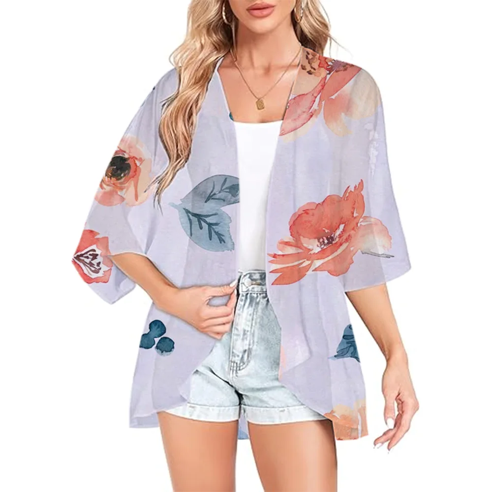 Hawaiian Style Kimono Watercolour Rose Print Women's Lightweight Kimono Chiffon Shirt Beach Blouse Cardigan Top Cooler Summer