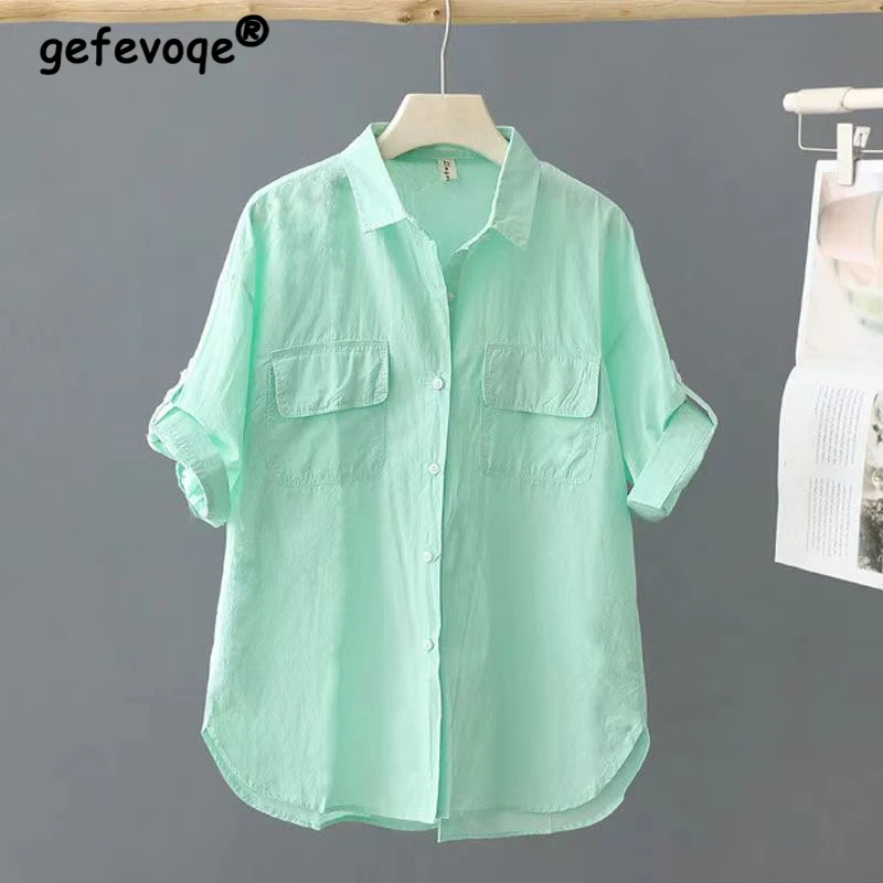 Summer Korean Style Casual Loose Chic Women\'s Shirt Solid Color Office Lady Female Blouse All Match Short Sleeve Blusas Mujer