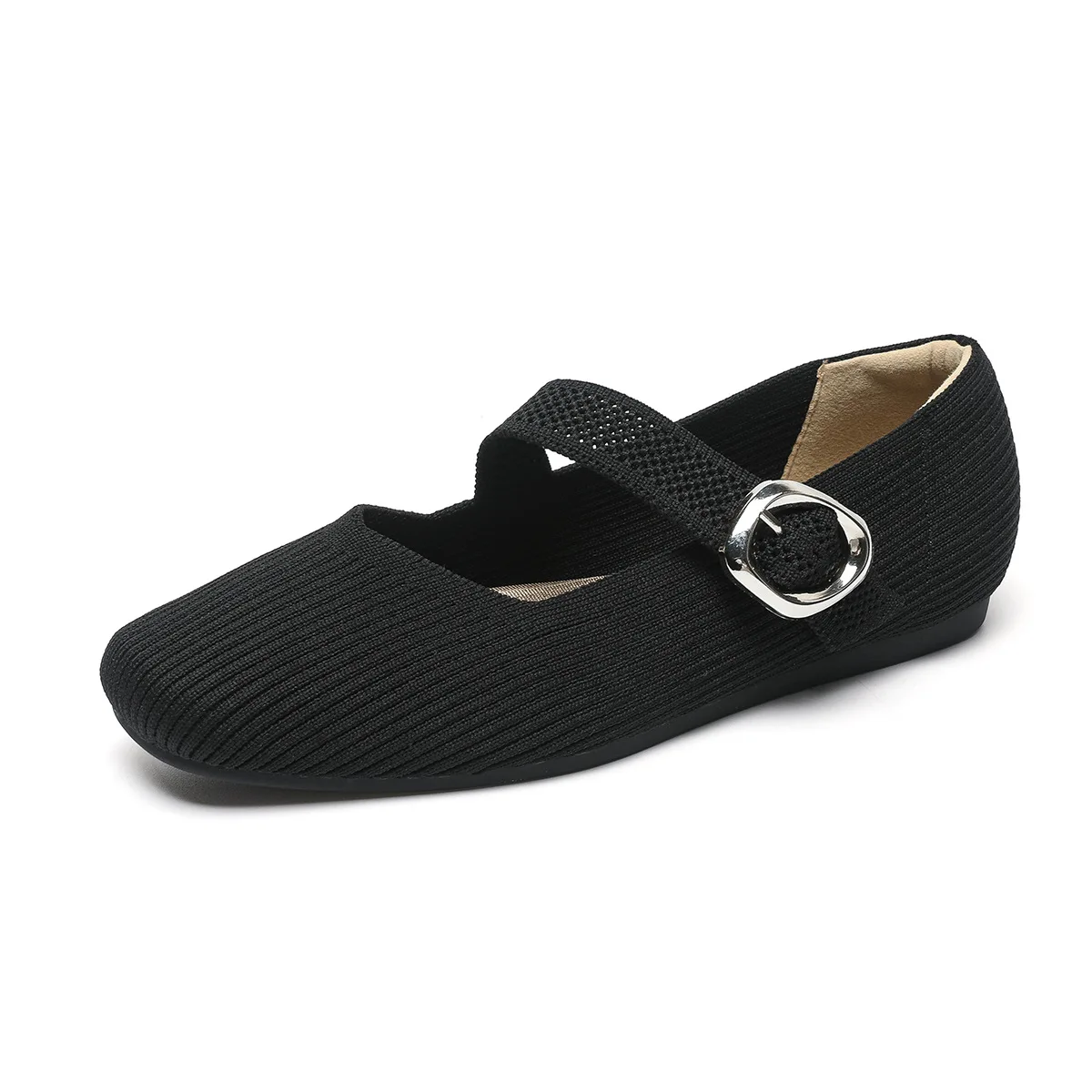 2025 Spring Knitted Fabrics Mary Jane Shoes Women Ballet Flats Shoes Comfortable Soft Square Toe Shallow Mouth Shoes for Women