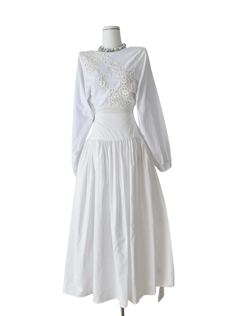 Ele High Waist Long White Pleated A-Line Skirt Women's Spring Summer Versatile Large Umbrella Skirt Commute Sle