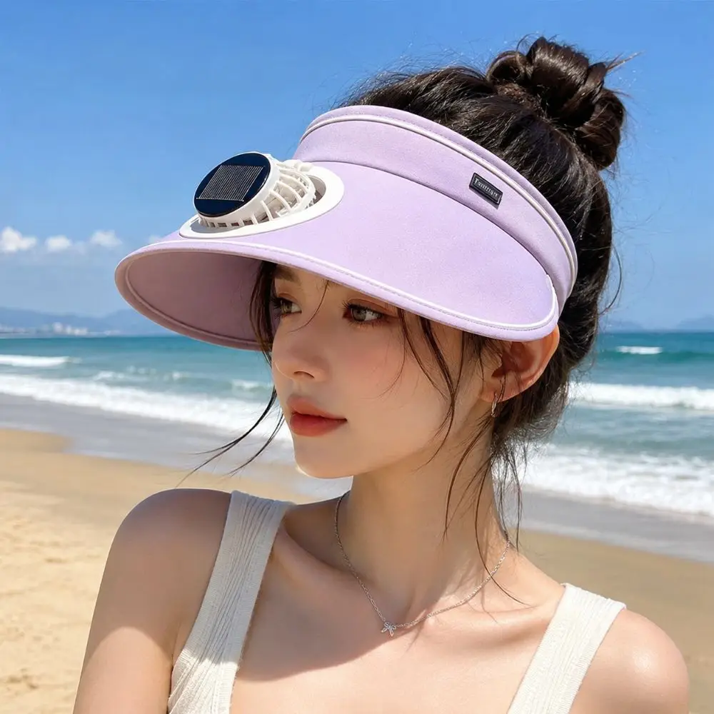 Solar Powered Fan Wide Brim Sun Hat Adjustable Empty Top Design Outdoor Visor Hat UV Protection Breathable Beach Sunshade Hat