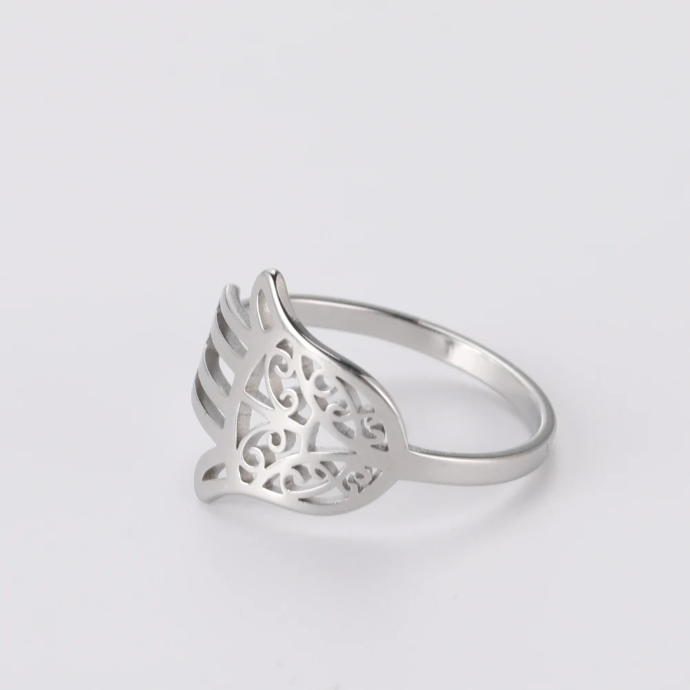 Kkjoy Damenringe, silberfarben, Hamsa, Hand der Fatima, Edelstahl, weibliche Persönlichkeit, hohler Schmuck, Accessoires, Mädchen-Geschenk – Detail 8
