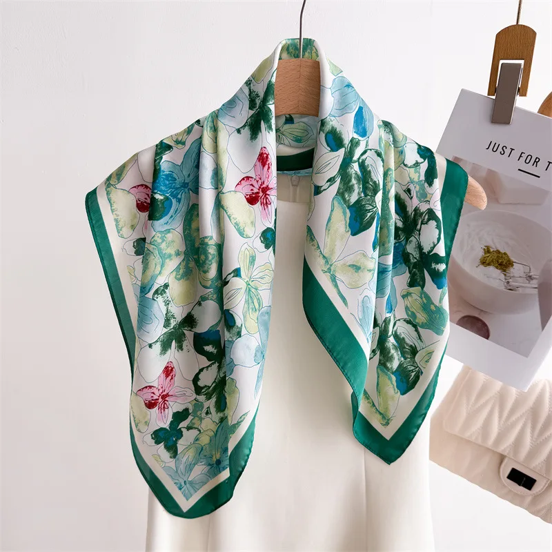 Fresh Elegant Print Brand Scarves Soft Satin Square Scarves Neckerchief Women Shawls Hijab Scarf Bandana 70X70CM