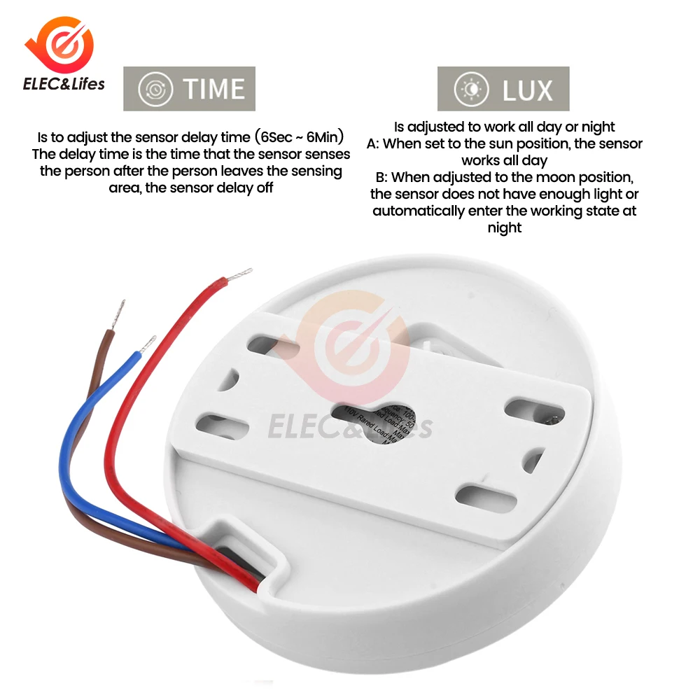 AC 85-265V Infrared PIR Motion Sensor Switch with Time Delay 360° Cone Angle Detecting Induction Sensor For LED Ceiling Light