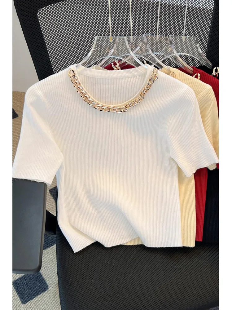 Summer Simple Design Sweater Tees Round Neck Solid Pullover Top Metal Chain Decoration New Chic Short Top Bottoms Women\'s Trend